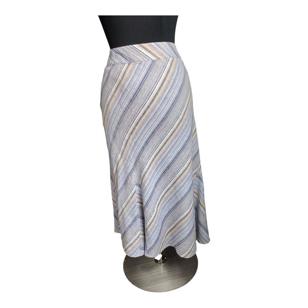 JM collection A-line Chevron Blue Tan Striped Midi Skirt 100% Linen Plus Size 16